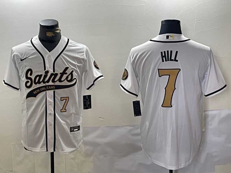 Mens New Orleans Saints #7 Taysom Hill White With Patch Cool Base Stitched Baseball Jerseys